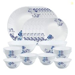 Larah by Borosil Blue Cascade Opalware Dinner Set, 28 Pcs, White