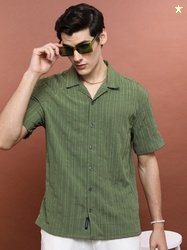 HIGHLANDER Vertical Stripes Cuban Collar Oversized Casual Shirt