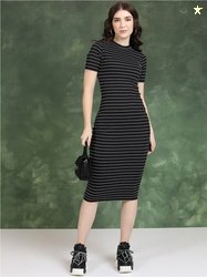 Tokyo Talkies Black & White Striped Bodycon Midi Dress