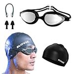 Slovic Swimming Kit | Swimming Goggles & Swimming Cap with Ear Plug, Nose Clip | Stylish Pool Cap for Long Hair | UV Protection | Anti Fog | Free Size Swim Cap | Black Combo