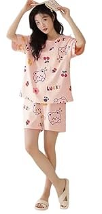 Lunza Women’s Cotton Blend Pajama Set, Short Sleeve T-Shirt and Shorts, Cute Bear Print Nightwear