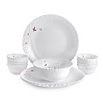 CELLO Lush Fiesta Dazzle Series Opalware Dinner Set of 13 Pieces for Family of 2 | Bone-Ash Free & Leadfree Opal Glass, Microwave & Dishwasher Safe, Plates & Bowls Crockery Set for Dining & Gifting