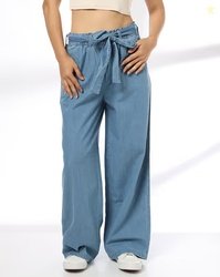 DNMX Women Lightly Washed Wide-Leg Jeans with Tie-Up Belt