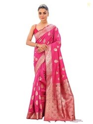 ORHANS Women's Kanjivaram Soft Silk Banarasi Saree with Pure Golden Za