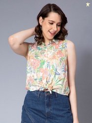 NUEVOSDAMAS Floral Printed Cotton Shirt Style Top