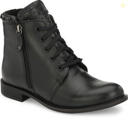 Delize genuine Leather- Black flat womens ankle derby booties Bo...mor