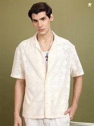 HIGHLANDER Floral Printed Oversized Cuban Collar Cotton Crochet Shirt