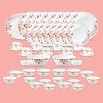 La Opala Diva Classique Collection Opal Glass Crockery | for Family of 8 | Dinner Set 53 pcs Aster Pink | Plates, Bowls & Cups for Dining | Microwave Safe | 100% Vegetarian | Extra Strong | White
