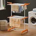 Happer Premium Clothes Stand for Drying with Wheels | Portable | 2 Layer Rack for Balcony | Foldable Wings | 14 Hanger Rods | Anti Rust Steel Metal (Orange | Compact Jumbo)