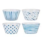 Solimo Ceramic Bowl, Set of 4 | Microwave & Dishwasher Safe| Bowls for Snacks, Fruits, Salad, Desserts | BPA & Lead-Free Bowls | 400ml, White & Blue (Serenity)