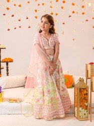 pspeaches Pspeaches Girls Off White And Pink Foil Cotton Lehenga Blous