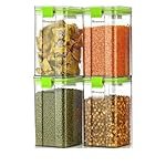 Floraware Food Safe Modular Plastic Square Airtight Containers, Stackable container, Storage Jar with Lid, Pack of 4, 1200ml, Green