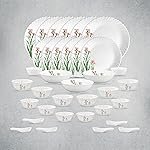 La Opala Opal Glass Crockery | for Family of 6 | Dinner Set 35 pcs Pink Florets | Plates & Bowls for Dining | Microwave Safe | 100% Vegetarian | Extra Strong | Extra Light & White