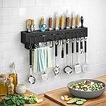 ORBICA Wall Mounted Kitchen Organizer Rack with Magnetic Knife Holder, 8 Adjustable Hooks & Towel Bar, Space Saving Wall Storage for Knives & Utensils, ABS Rust-Resistant Black