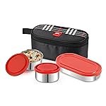 CELLO MF Trent Plus Stainless Steel Lunch Box with Jacket | Red | Leak Proof Containers | Airtight Lid | 300ml x 2 + 500ml x 1 | Ideal for Dry & Semi Liquid Food | BPA Free containers