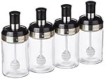 Solimo Borosilicate Glass Sauce Jar with Dipper, Set of 4 (250 Ml Each),Black