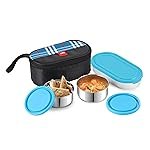 CELLO MF Trent Plus Stainless Steel Lunch Box with Jacket | Blue | Leak Proof Containers | Airtight Lid | 300ml x 2 + 500ml x 1 | Ideal for Dry & Semi Liquid Food | BPA Free containers