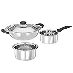 Solimo Stainless Steel – 3 Pcs Kitchen Delight Cookware Set (15 Cm Sauce Pan, 23 Cm Kadai with Ss Lid, 20 Cm Tope), Silver