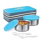 MILTON New Mini Lunch Box with Insulated Fabric Jacket, 2 Containers (2 Stainless Steel 280 ml Each, Spoon & Fork), Leak-Proof Tiffin for Office, School, College, Cyan