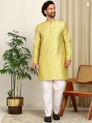 See Designs Men Mandarin Collar Long Sleeves Striped Straight Kurta
