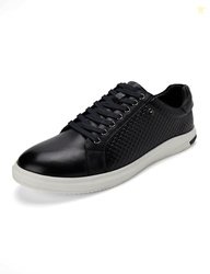 Mens Navy Blue Solid Lace Up Genuine Leather Casual Sneaker