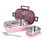 Attro Food Time Stainless Steel Lunch Box, Airtight & Leak Proof – 2 Containers with Spoon (Big 750 Ml & Small 250 Ml) for Office Use, School, Picnic – Purple & Pink